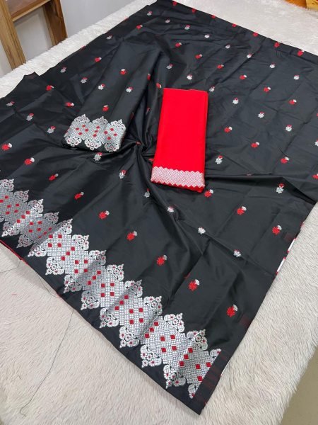 Elegant Black  Mix pat Fabric Assamese Chador Mekhela Premium Mix silk 