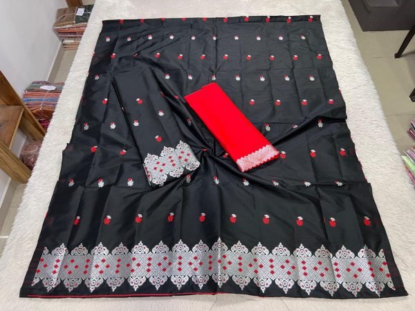 Elegant Black  Mix pat Fabric Assamese Chador Mekhela Premium Mix silk 
