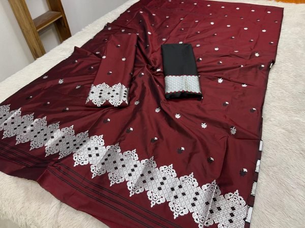 Elegant Maroon Mixpat Fabric Assamese Chador Mekhela Premium Mix silk 