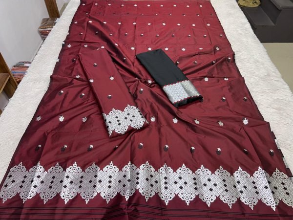 Elegant Maroon Mixpat Fabric Assamese Chador Mekhela Premium Mix silk 