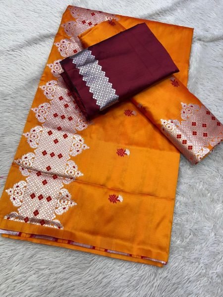 Elegant Mustard Mix pat Fabric Assamese Chador Mekhela Premium Mix silk 