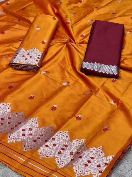 Elegant Mustard Mix pat Fabric Assamese Chador Mekhela Premium Mix silk 
