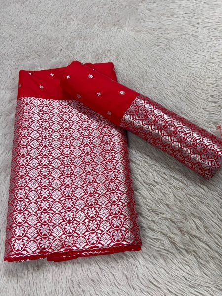 Red Colour Mixpat Mekhela Sador with Silver Jari 