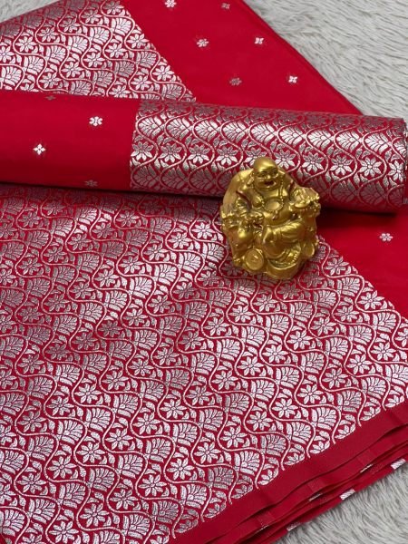 Red Colour Mixpat Mekhela Sador with Silver Jari Premium Mix silk 