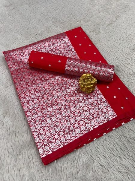 Red Colour Mixpat Mekhela Sador with Silver Jari Premium Mix silk 