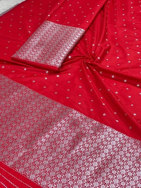 Red Colour Mixpat Mekhela Sador with Silver Jari Premium Mix silk 