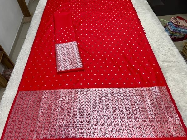 Red Colour Mixpat Mekhela Sador with Silver Jari Premium Mix silk 