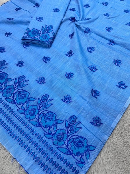 sky Blue Mekhela Sador in Premium  Kesapat Cotton  Kesapat cotton