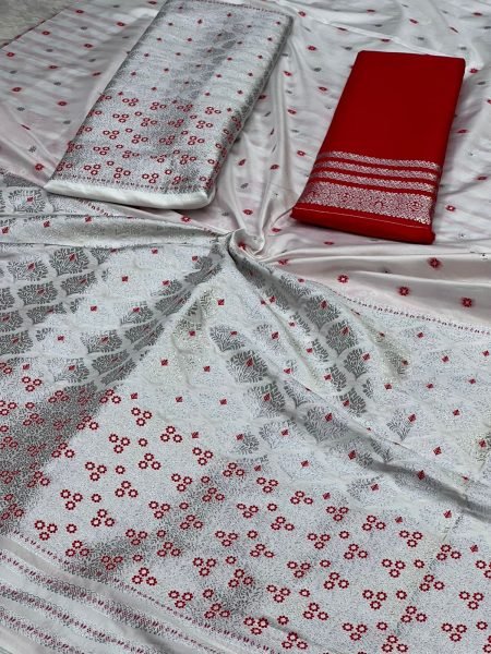 White Colour Mixpat Mekhela Sador with Silver Jari & Red Suta Premium Mix silk 