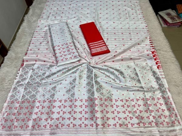 White Colour Mixpat Mekhela Sador with Silver Jari & Red Suta Premium Mix silk 